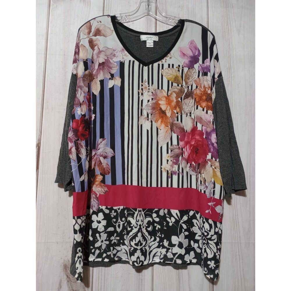 CJ Banks Shirt Ladies 1x Floral 3/4 Sleeve‎ VNECK Light Weight